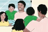 Illustration of dad looking into mirror with son and daughter depicting a proactive approach to body positive parenting.