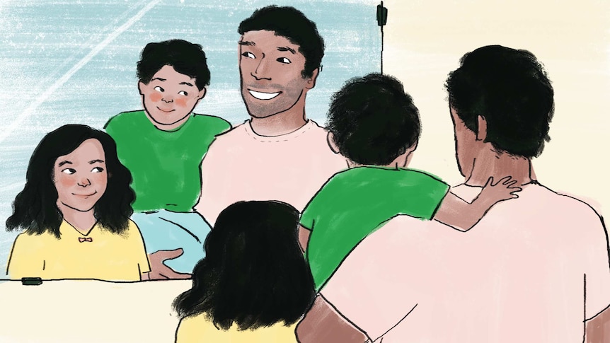 Illustration of dad looking into mirror with son and daughter depicting a proactive approach to body positive parenting.