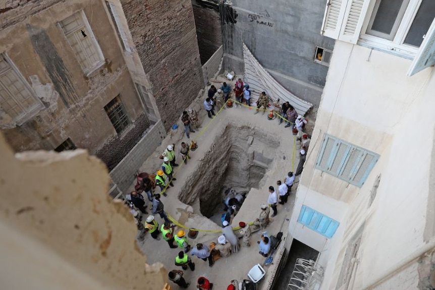 General view of the residential area where a coffin containing three mummies was discovered.