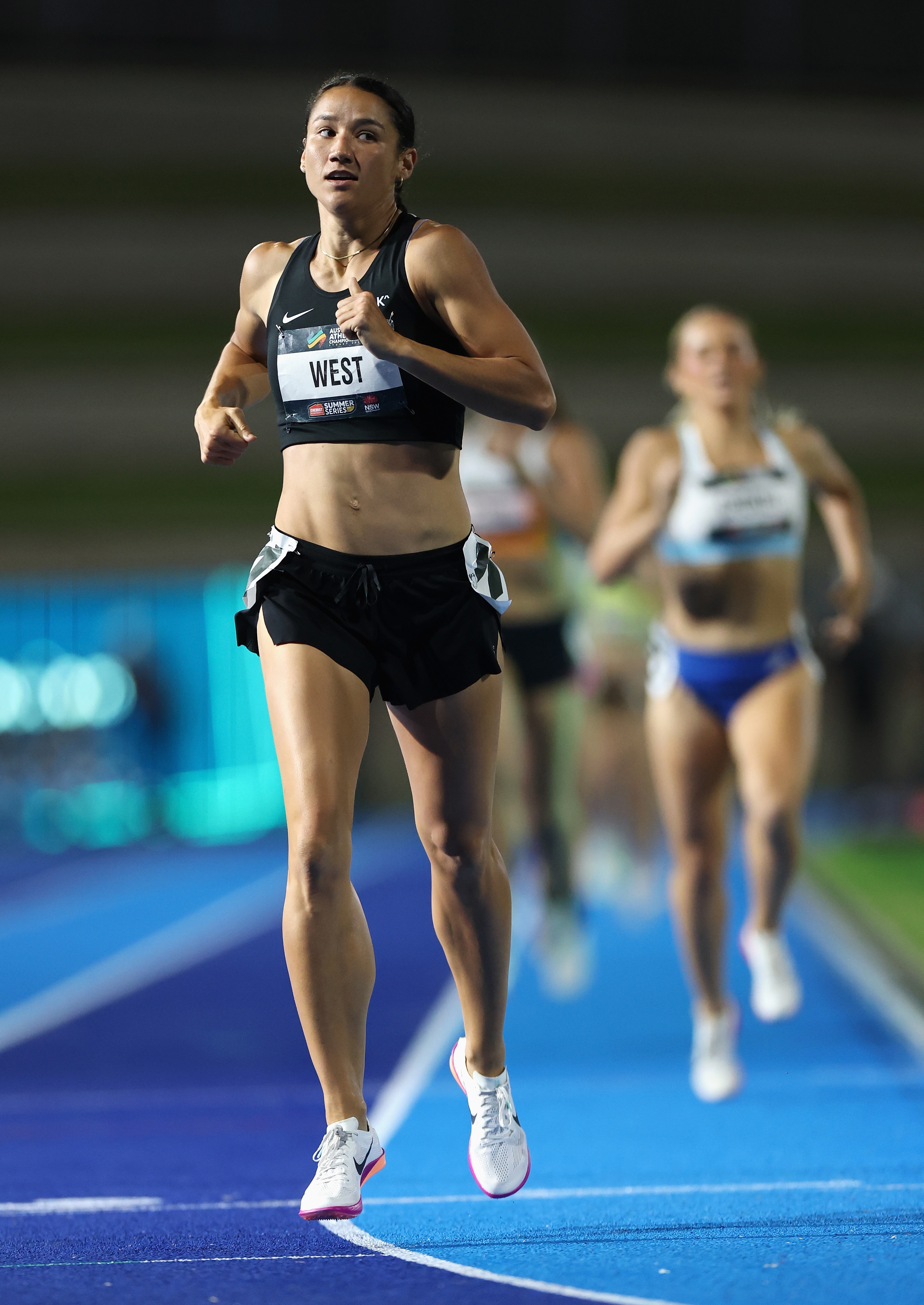Tori West runs on the track during the heptathlon 800 metres at the Australian Athletics Championships.