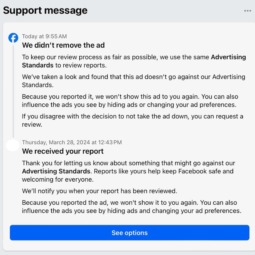 A user who alerted Meta to the fraudulent ads received this response