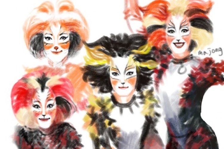 a water colour sketch of four different Cats costumes