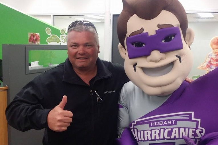 Martyn Evans, Derwent Valley mayor, with Hobart Hurricanes cricket team mascot.