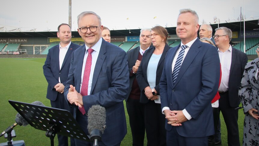 PM Anthony Albanese with Tasmanian Premier Jeremy Rockliff and others at a press conference.