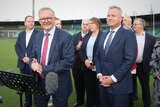 PM Anthony Albanese with Tasmanian Premier Jeremy Rockliff and others at a press conference.
