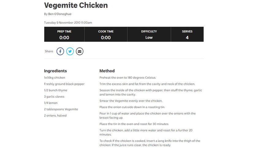 A recipe for Vegemite chicken.