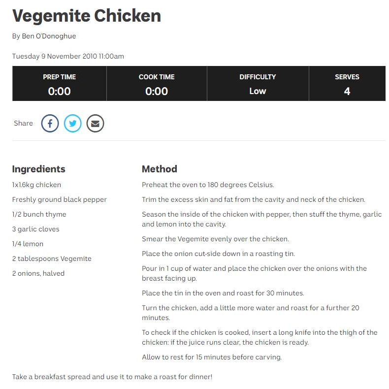 A recipe for Vegemite chicken.