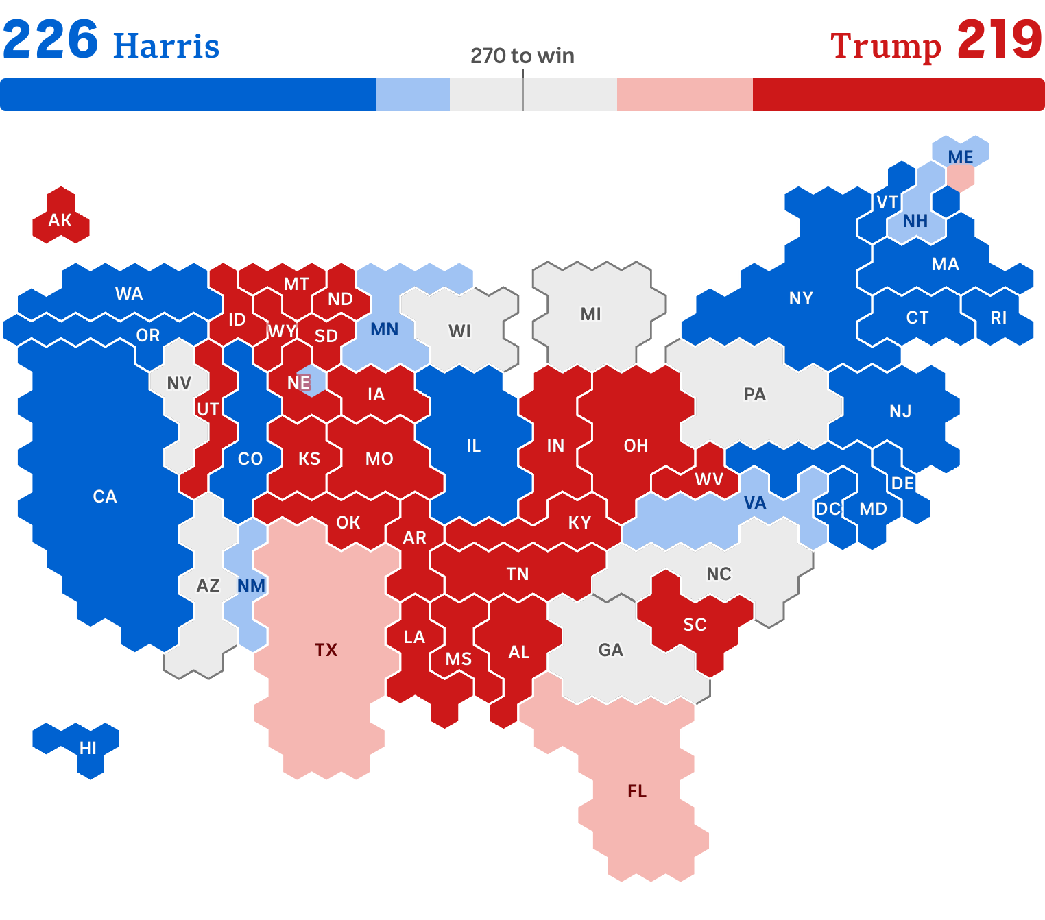 A map of the United States shows a patchwork of dark red, light red, dark blue, light blue and gray states.