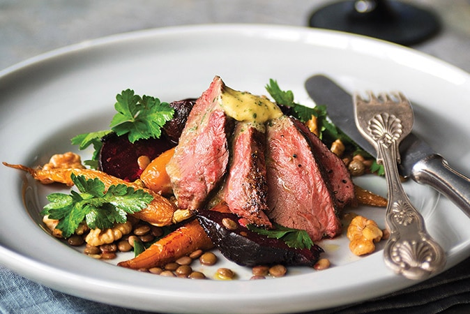 Kangaroo fillet with anchovy and baby vegetables