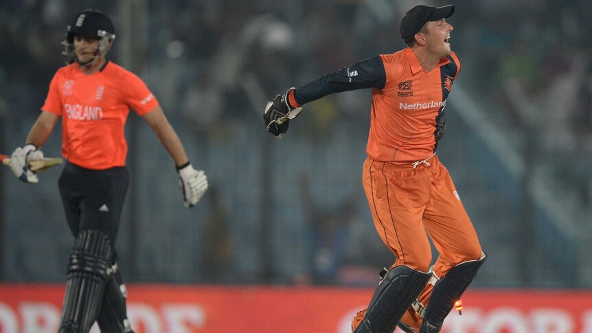 The Netherlands' Wesley Barresi celebrates the final wicket as the Dutch beat England at World T20.