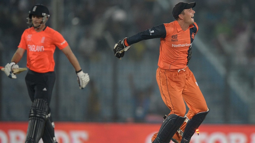The Netherlands' Wesley Barresi celebrates the final wicket as the Dutch beat England at World T20.