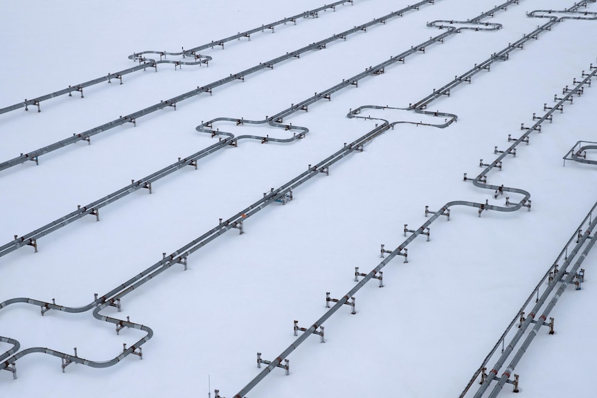pipelines at a gas processing facility, operated by Gazprom company, at Bovanenkovo gas field on the Arctic Yamal peninsula.