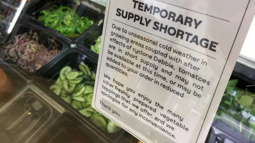 A photo of a sign advising of tomato shortages due to cyclone Debbie, with a range of vegetables in tubs in the background.