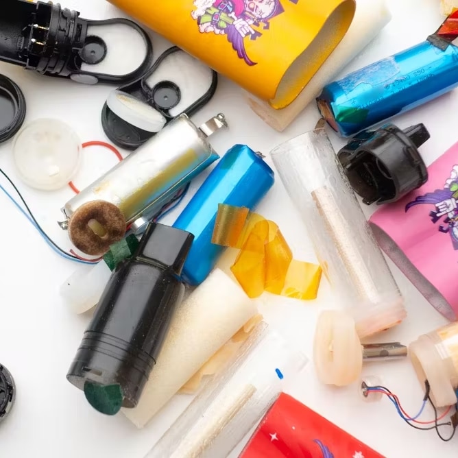 A photo of various vape parts: batteries, leads, plastics, casings etc