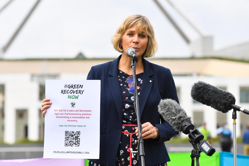 zali stegall with a green recovery flyer speaking outside of canberra parliament house