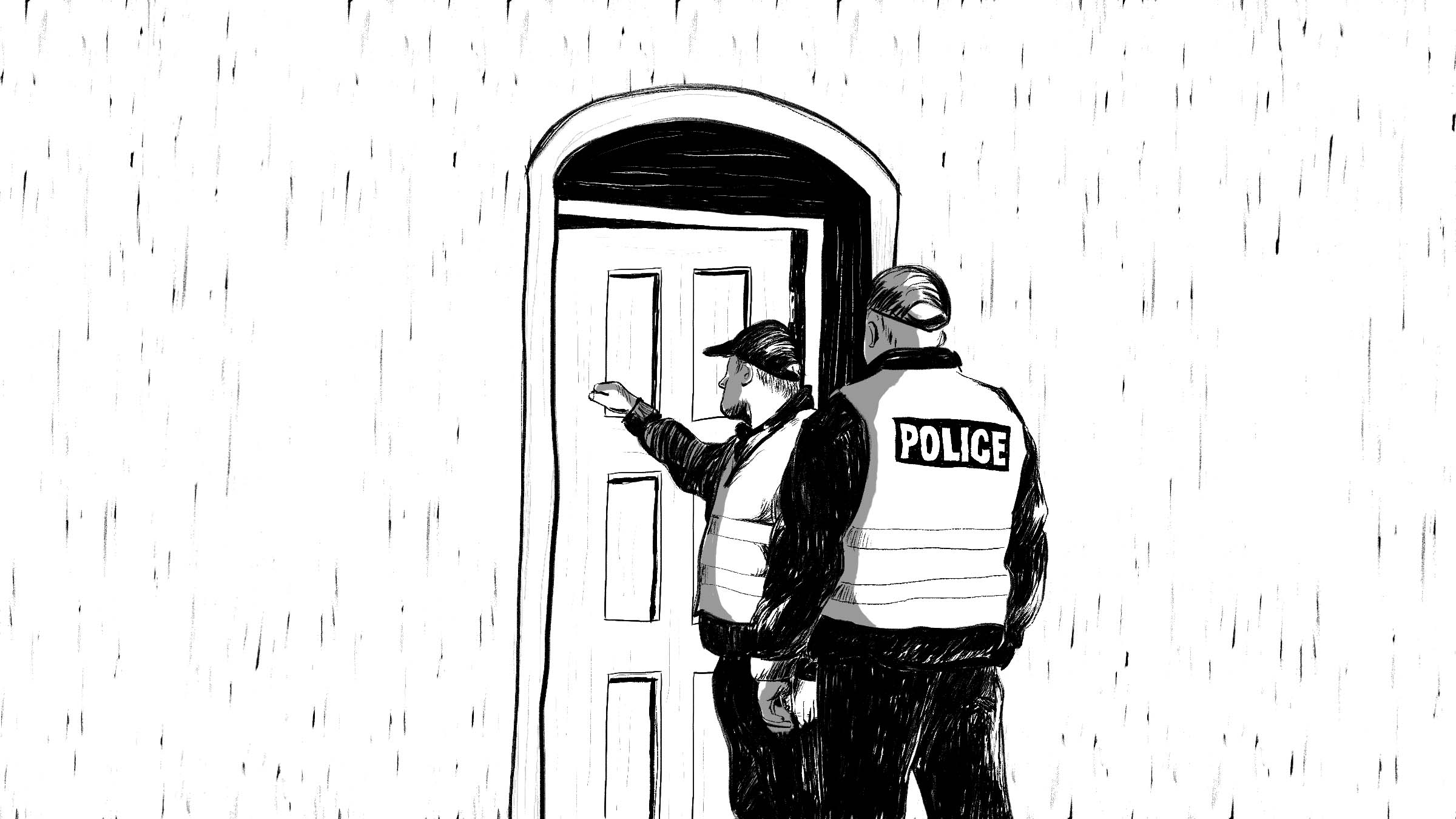 An illustration of police knocking on a door.