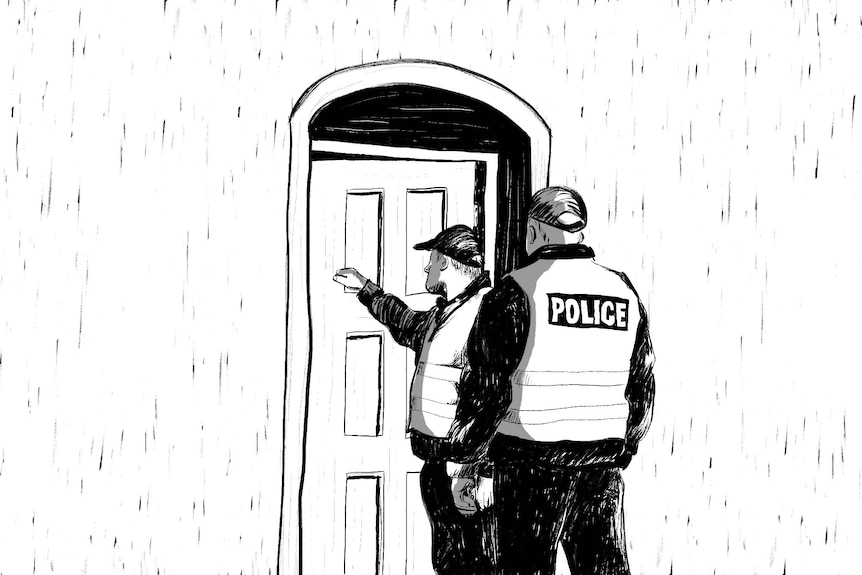 An illustration of police knocking on a door.