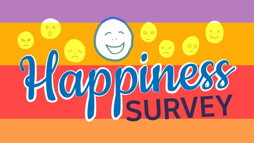 Happiness Survey logo which includes faces with various expressions around the words.