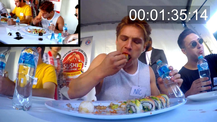 'Nic Eats' completing a 1.8kg sushi eating challenge