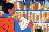 An illustration of a woman reading a book and her shadow is cast on a bookshelf in the background