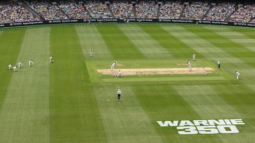 General view of the MCG with Warnie 350 written on white on the outfield