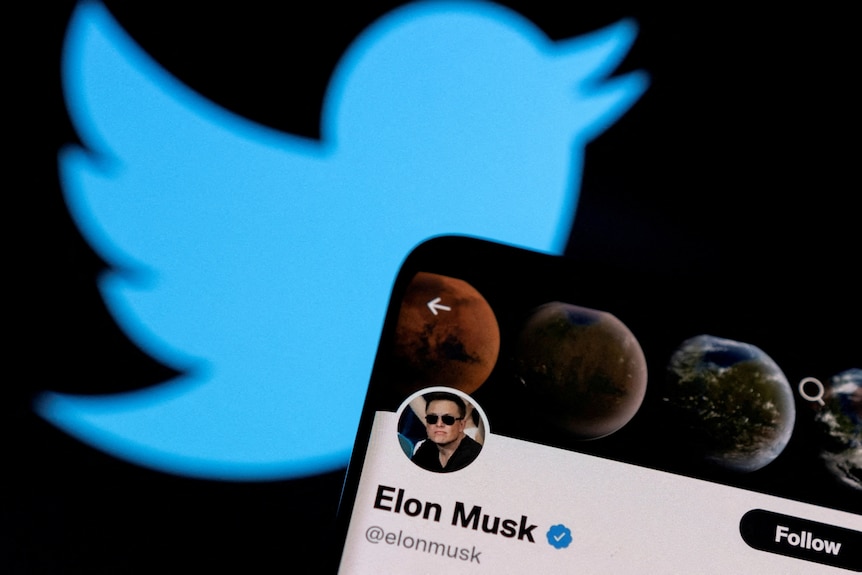 phone with a close up of Musk's twitter profile and the blue twitter logo in the background