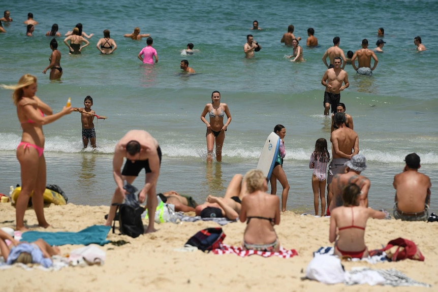 About 20 people are seen either on the sand or in the water in bathing suits.