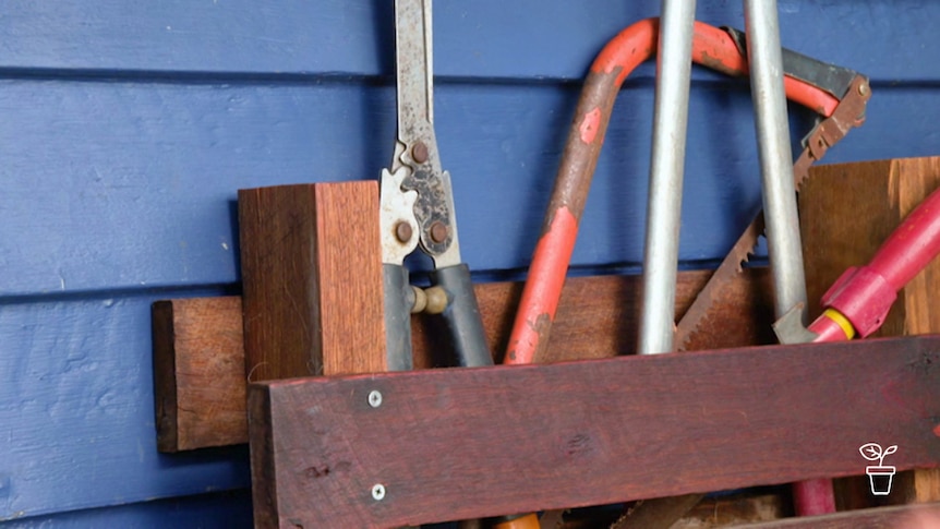Garden tools stored in hanging wooden rack