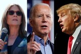 A composite image showing photos of Marianne Williamson, Joe Biden and Donald Trump spliced together.