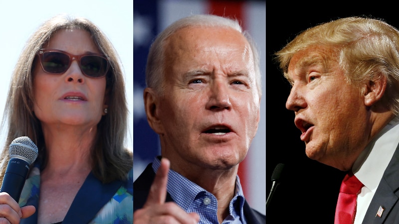 A composite image showing photos of Marianne Williamson, Joe Biden and Donald Trump spliced together.
