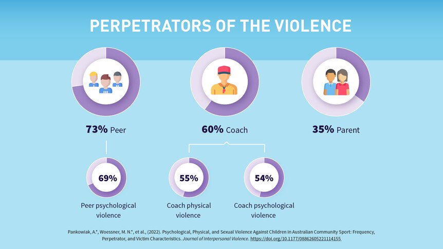 Graph showing 73 per cent experienced violence from a peer, 60 per cent from a coach and 35 per cent from a parent