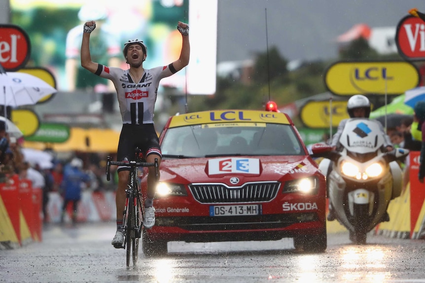 Tom Dumoulin celebrates winning Tour de France ninth stage