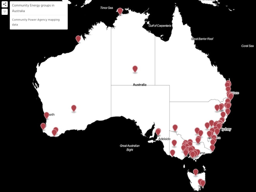 A map of Australia shows the many community power groups in Australia.