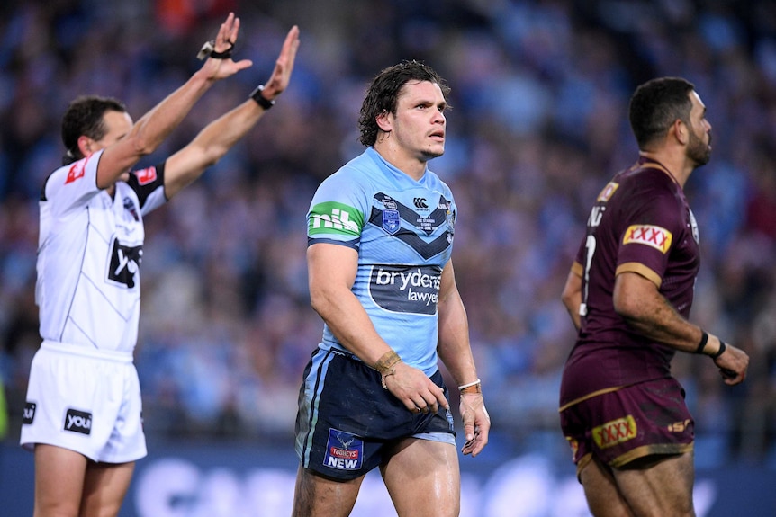 James Roberts of the NSW Blues is sent to the sin bin for a professional foul in Origin II, 2018.