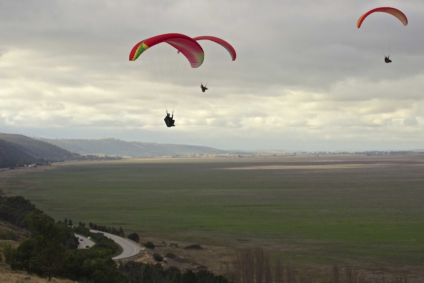 The paragliders hang near the Federal Highway