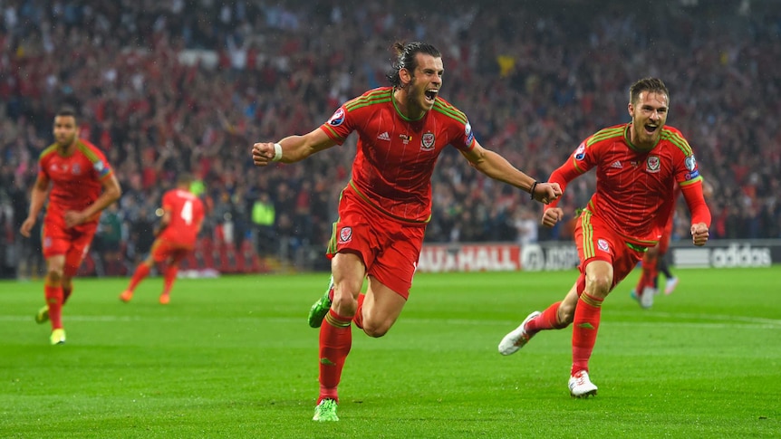 Wales's Gareth Bale (L) celebrates after his goal against Belgium in the Euro 2016 qualifier.