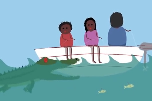 An illustration of a crocodile in the water next to a boat where three people are fishing