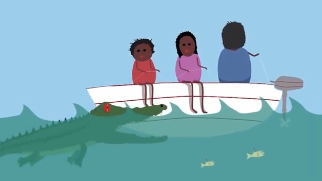 An illustration of a crocodile in the water next to a boat where three people are fishing