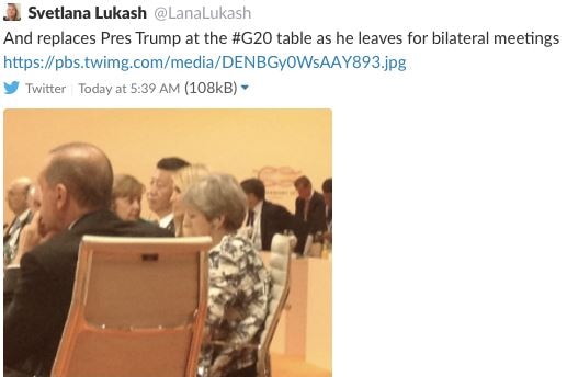 A deleted tweet from Svetlana Lukash with a photo of Ivanka Trump at G20. "And replaces Pres Trump at the G20 table…"