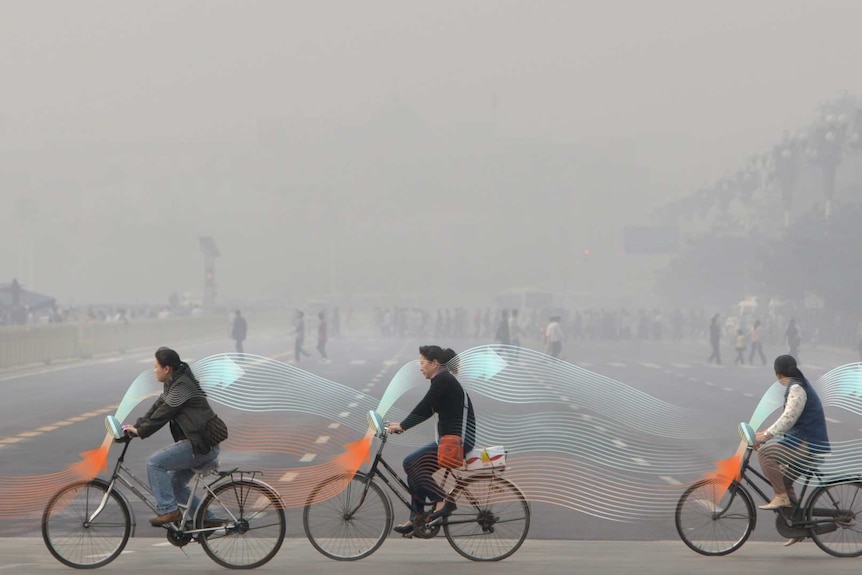 The cyclists ride in a line, against a smoggy backdrop, with an imposed graphic showing air being filtered through their bikes.