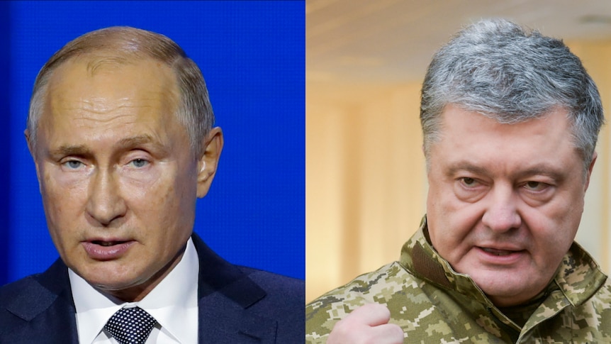 Composite image of Russian President Vladimir Putin and Ukrainian President Petro Poroshenko.