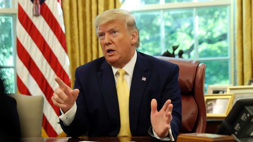 Donald Trump sits at the President's desk in the Oval Office of the White House, pointing a finger in mid-conversation.