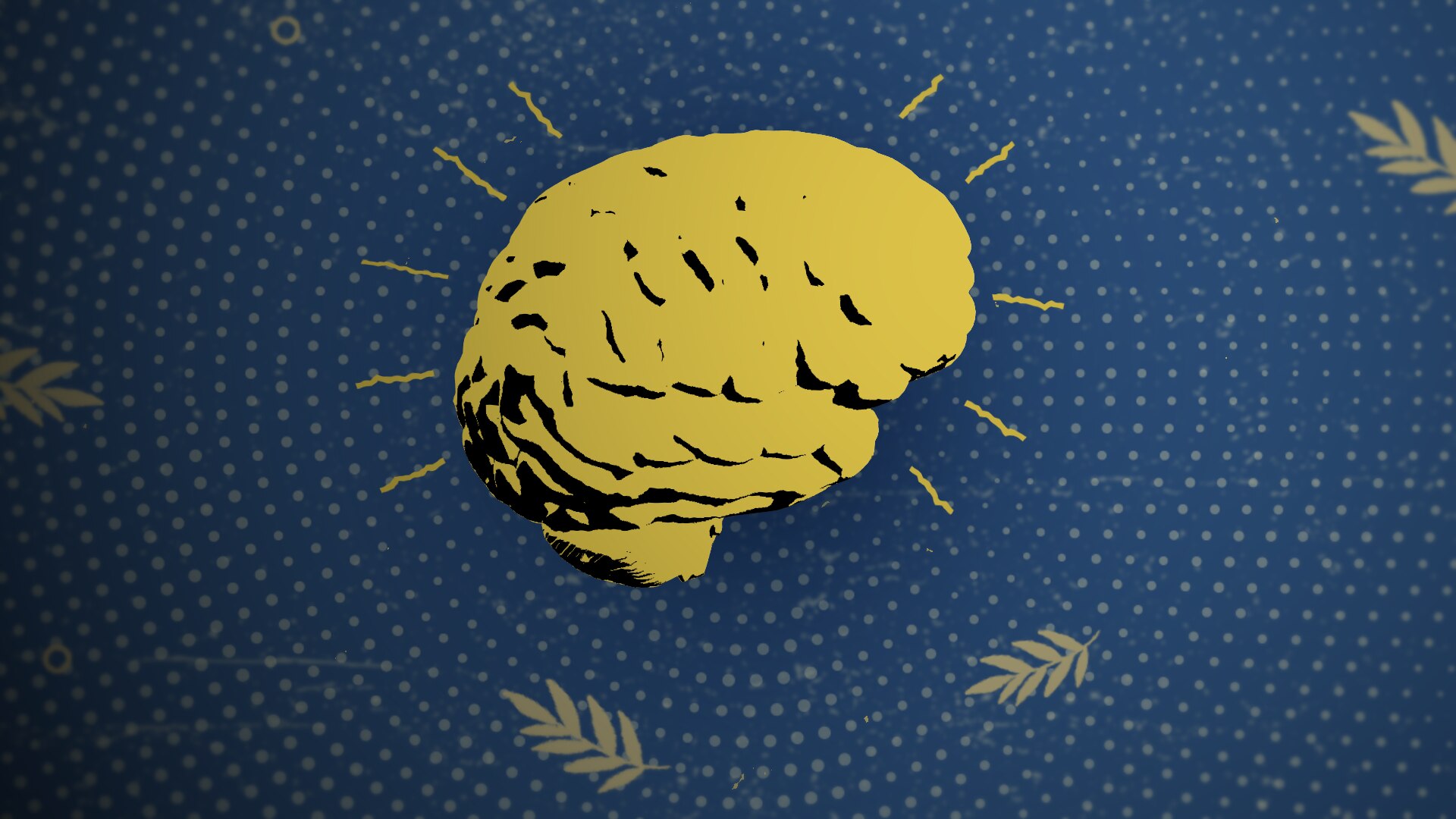 An illustration of a brain in yellow over a blue spotty background. 