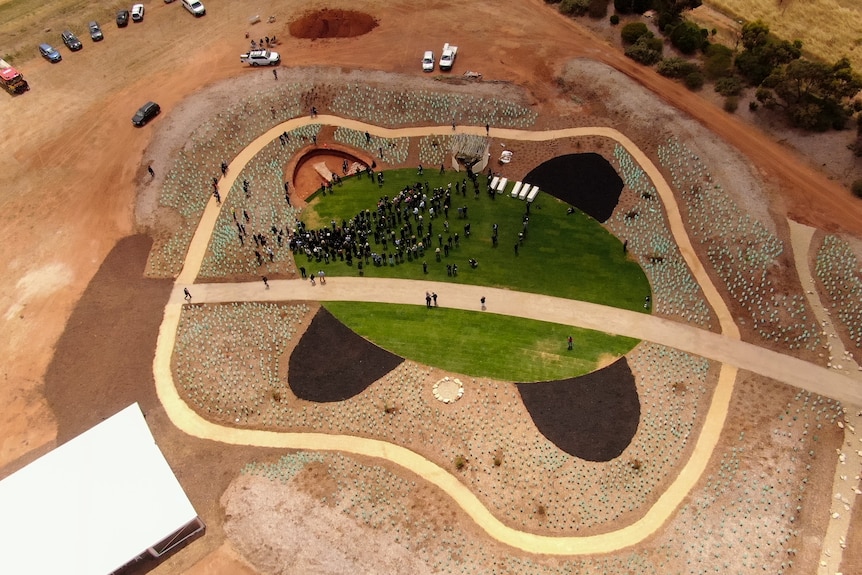 A drone aerial shot over the Kaurna memorial site, designed in the shape of the Kaurna shield