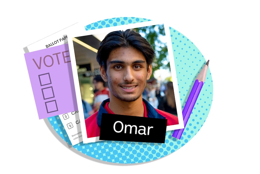 A smiling young South Asian boy in school uniform, voting cards, pencil drawn in graphic.