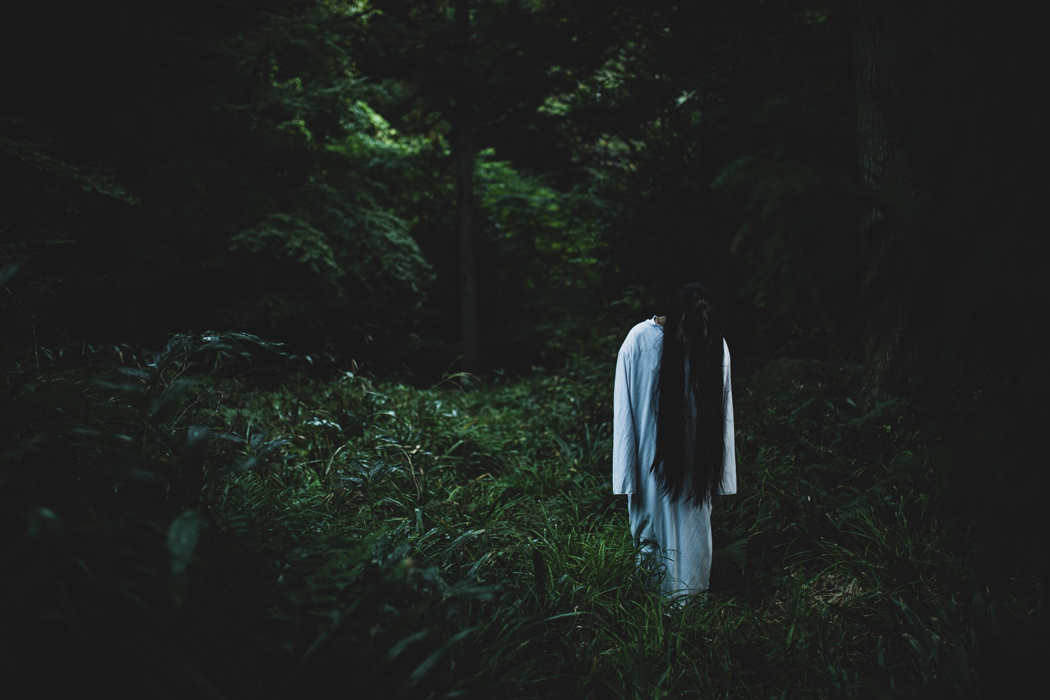 A ghostly woman standing in a forest.