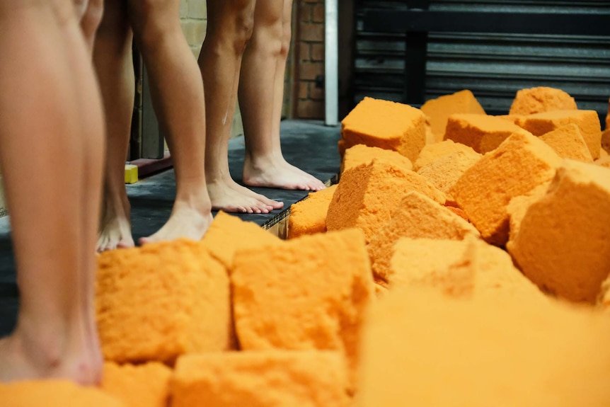 Gymnasts train next to a foam pit