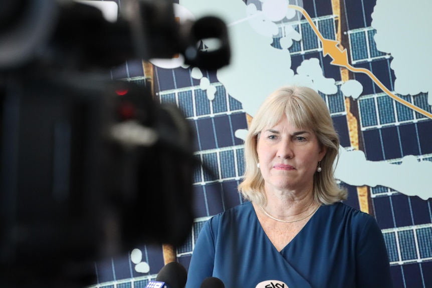 A middle-aged white woman with blonde hair looks at a camera