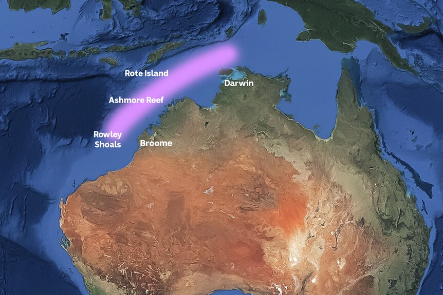 Une carte de l'Australie montrant une zone ombrée où des pêcheurs indonésiens sont repérés