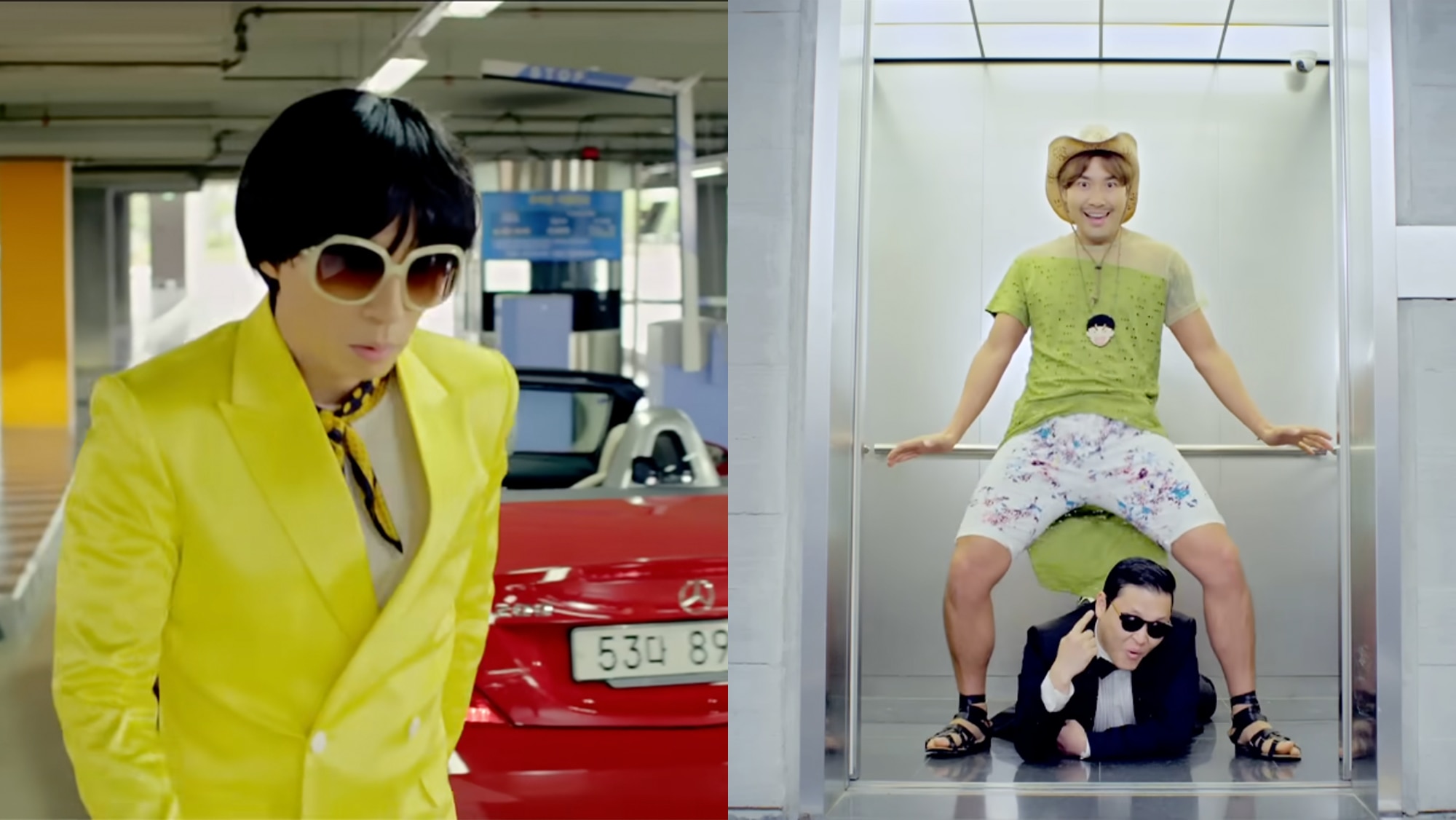 Imágenes fijas de vídeo al estilo Gangnam de un hombre con un traje amarillo y gafas de sol y un hombre con un sombrero de vaquero y una camisa verde posando sobre la parte media del ascensor.
